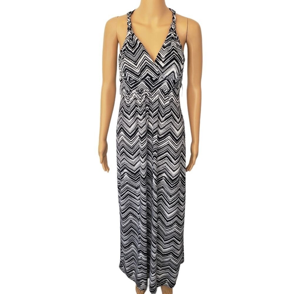 Heart Soul Boho Chevron Maxi Dress Racerback Sleeveless Black White Large‎
